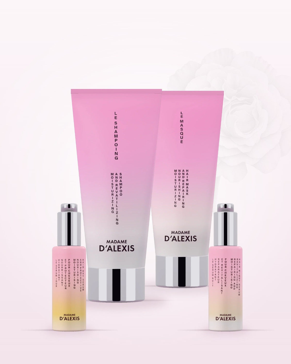 Soin cheveux longs : rituel Madame d'Alexis avec Le Shampoing, Le Masque, Le Sérum Jour et Le Sérum Nuit